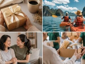 What Kind of Gift Should You Give: An Object, Experience, Time, or Help? featuring a meaningful gift, a shared outdoor experience, quality time with a loved one, and helping someone with essential supplies.