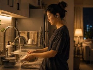 Woman wearing wireless earbuds while washing dishes as a Passive Evening Reset for Late Nights