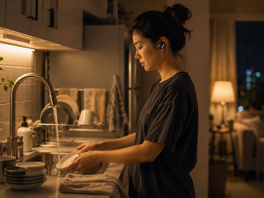 Woman wearing wireless earbuds while washing dishes as a Passive Evening Reset for Late Nights