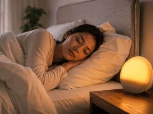 Woman sleeping peacefully beside a glowing alarm lamp for a Passive Morning Reset instead of a 5 AM Routine