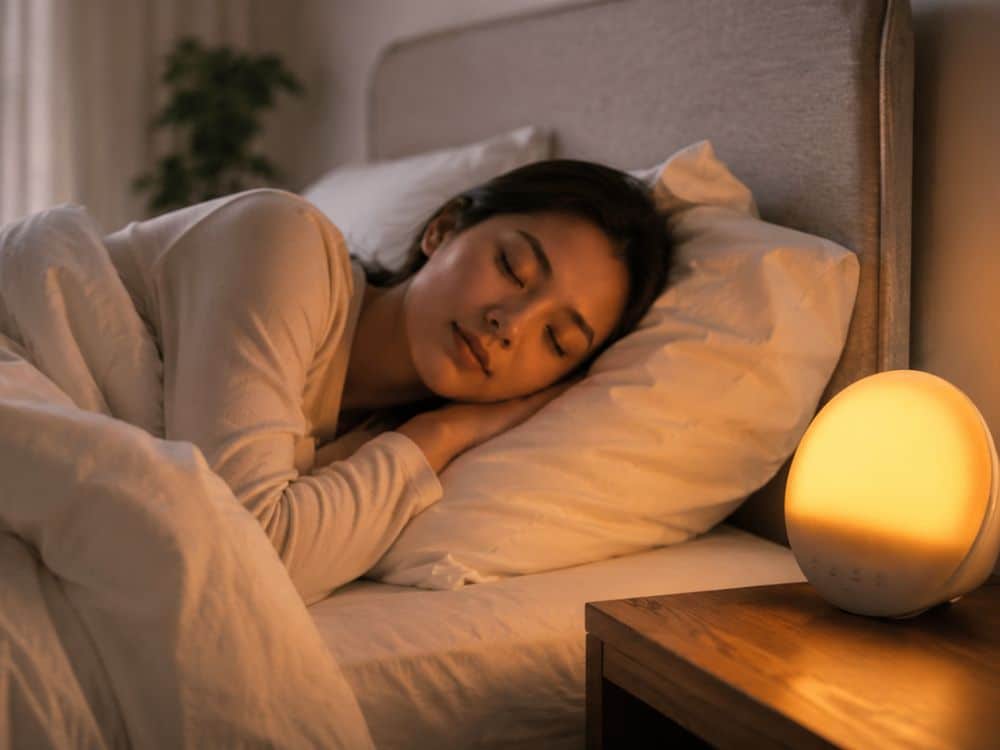 Woman sleeping peacefully beside a glowing alarm lamp for a Passive Morning Reset instead of a 5 AM Routine