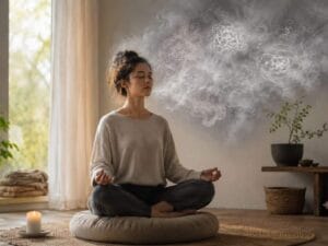Woman meditating peacefully while a busy mind is symbolized by swirling thoughts above her