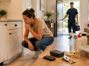 When DIY Pest Control Is Not Enough featuring a homeowner inspecting signs of a pest problem in a clean kitchen while a professional pest control technician arrives to provide expert assistance.