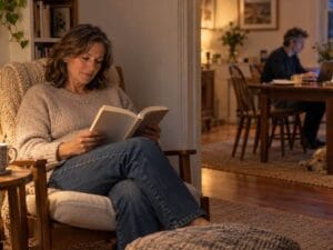 Woman reading in a quiet corner to keep a calming routine when her schedule changes.