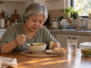 Older woman eating a simple meal at home as part of a low energy routine for a difficult week.