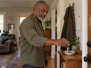 A man places his keys in a dish by the door, illustrating how to make everyday life easier without buying more things.