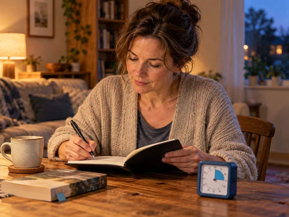 Woman writing in a notebook beside a visual timer as she restarts her routine after missing a week.